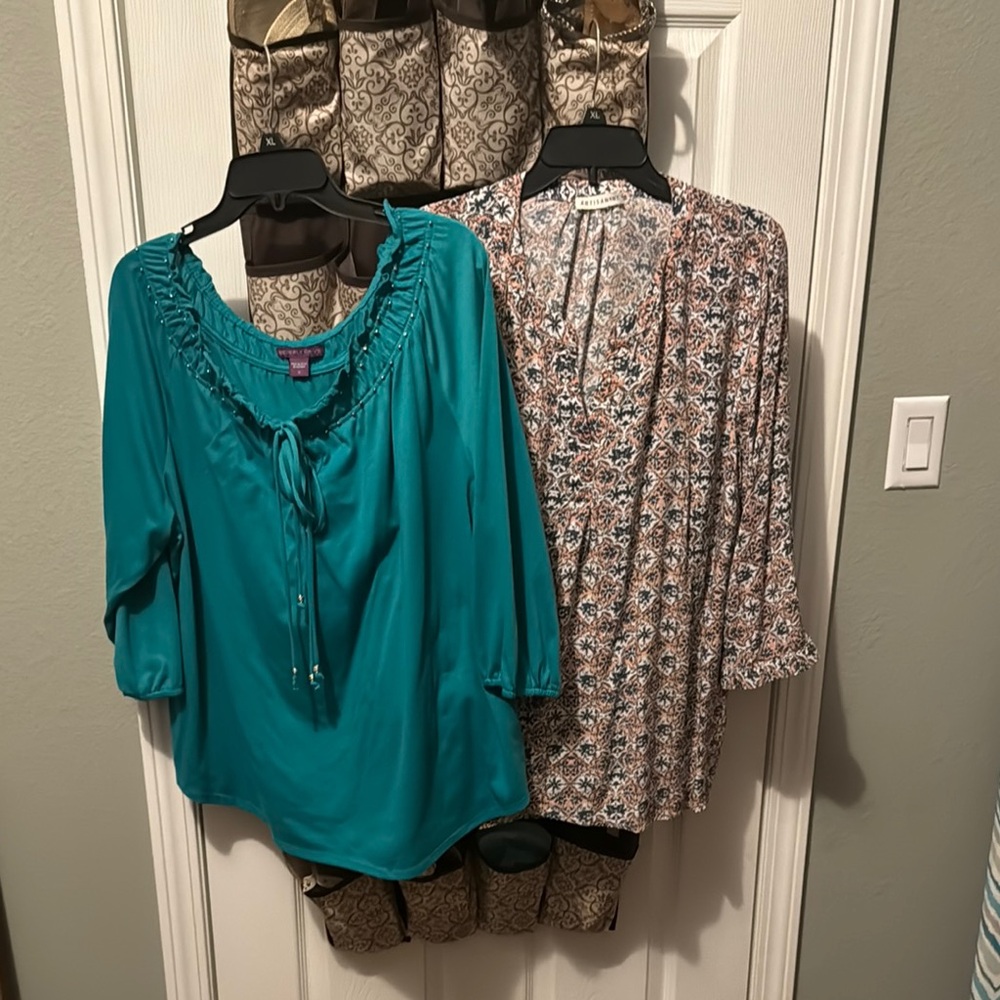 Teal Blouse with Ruffle Neckline and 3/4 length pattern blouse.